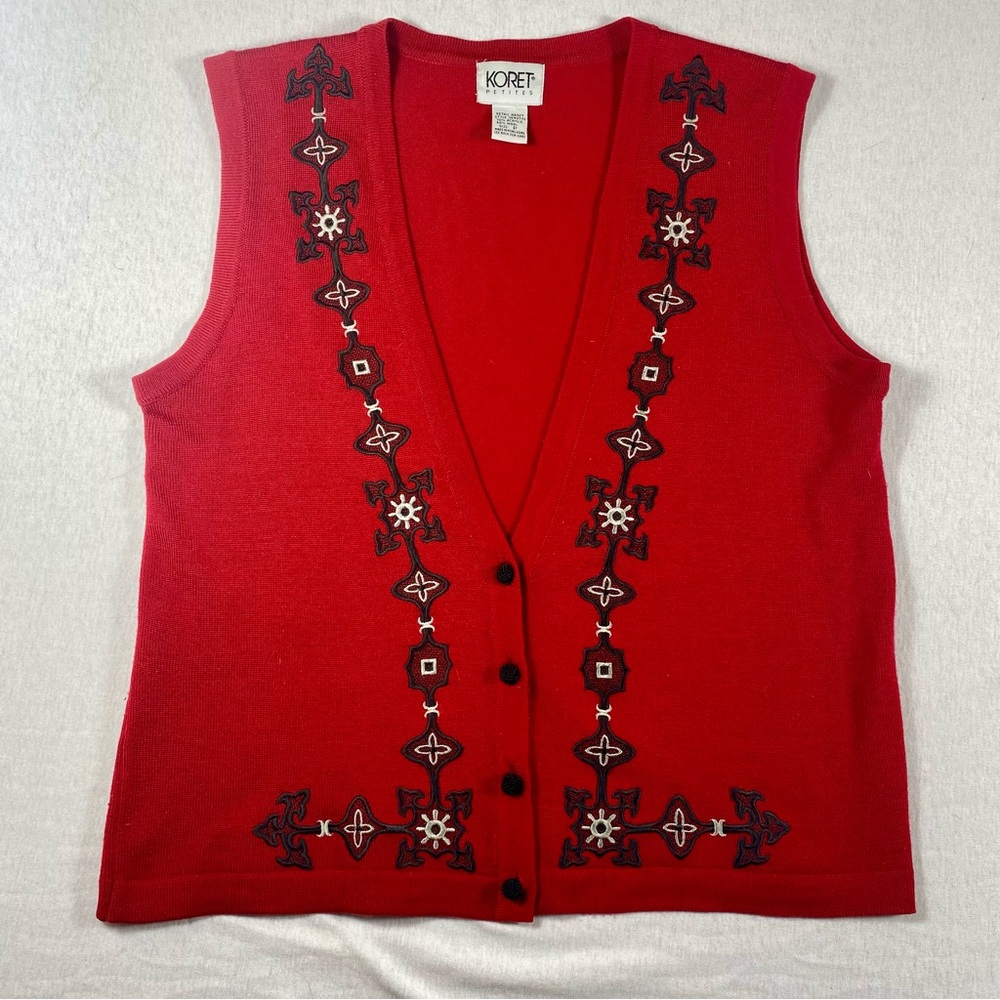 Vintage Koret Petites Red Black Embroidered Sweater Vest Wool Blend